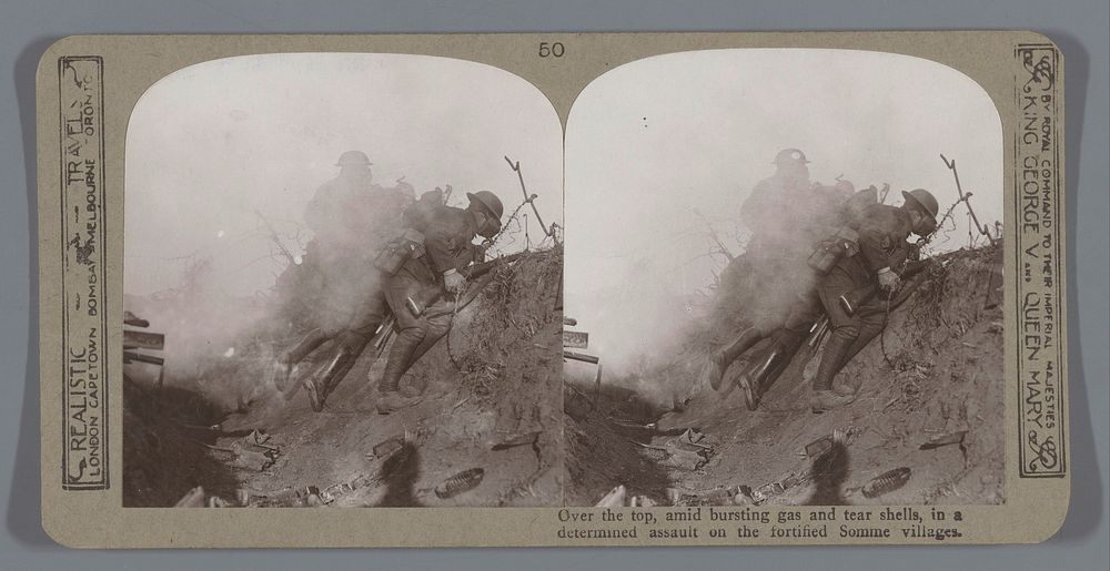Over the top, amid bursting gas and tear shells, in a determined assault on the fortified Somme villages (1914 - 1918) by…