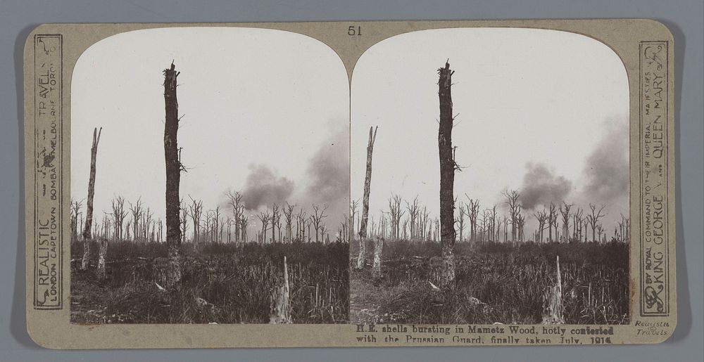 H.E. shells bursting in Mametz Wood, hotly contested with the Prussian Guard, finally taken July, 1916 (after 1916 - c.…