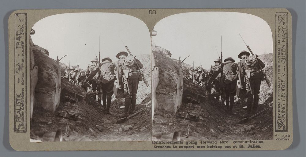 Reinforcements going forward thro' communication trenches to support men holding out at St. Julien (in or after 1914 - c.…