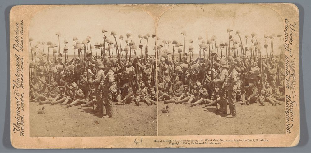 Groepsportret van Britse soldaten die naar het front in Zuid-Afrika vertrekken (1900) by anonymous and Underwood and…