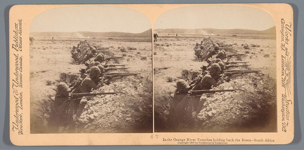 Voorstelling met soldaten in loopgraven tijdens de Boerenoorlog in Zuid-Afrika (1900) by anonymous and Underwood and…