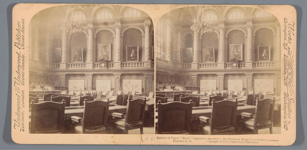Gezicht op het interieur van de wetgevende vergadering in Pretoria, Zuid-Afrika (1901) by anonymous and Underwood and…