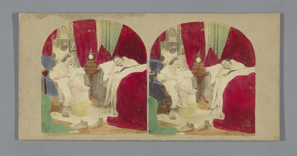 Tafereel met een wassende vrouw naast een vrouw in bed (1852 - 1858) by anonymous