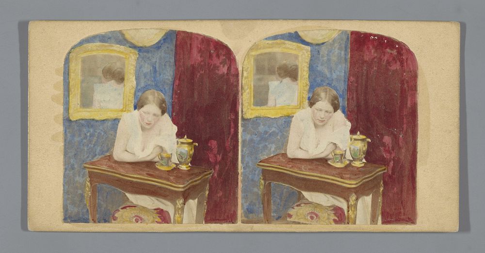 Tafereel met een vrouw leunend op een tafeltje (1852 - 1858) by anonymous