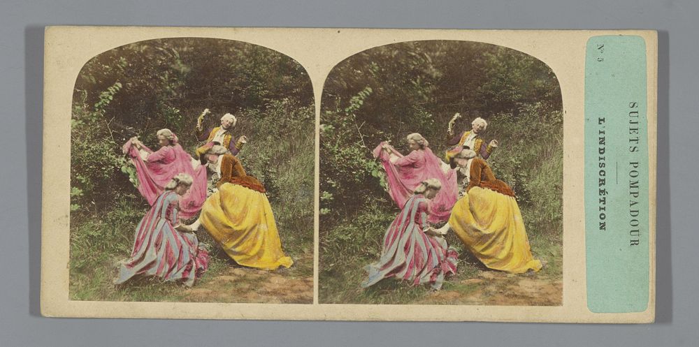 Vier mensen in kleurige kledij in een bos (1852 - 1863) by anonymous