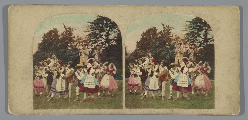 Dansende paren gekleed in klederdracht in een tuin (1852 - 1863) by anonymous