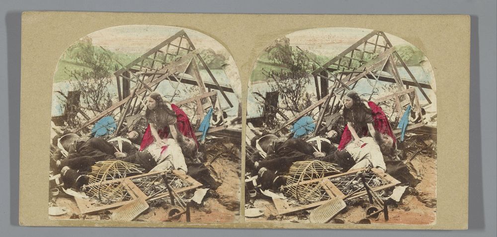 Vrouw buigt zich over de slachtoffers van een ongeluk (1852 - 1863) by anonymous