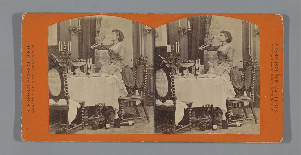 Jonge vrouw staat drinkend bij tafel met champagneflessen (c. 1870 - c. 1880) by H Vogt and H Vogt