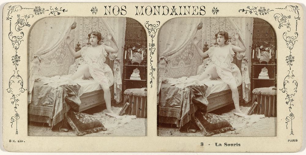 Schaars geklede vrouw schrikt van een muis in bed (1863 - 1875) by anonymous and Adolphe Block