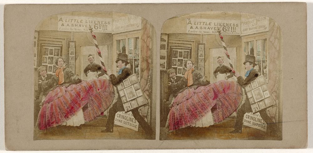 Vrouw in hoepelrok bezoekt een portretfotograaf (1861) by anonymous