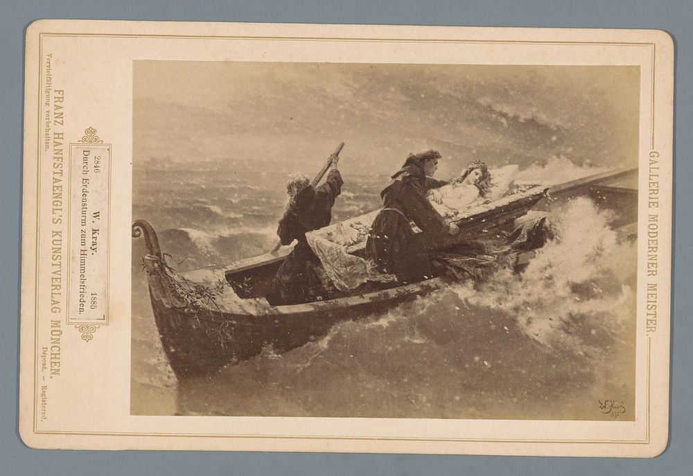Fotoreproductie van een schilderij van twee monniken op een roeiboot op zee met een dode vrouw op een baar (c. 1885 - c.…