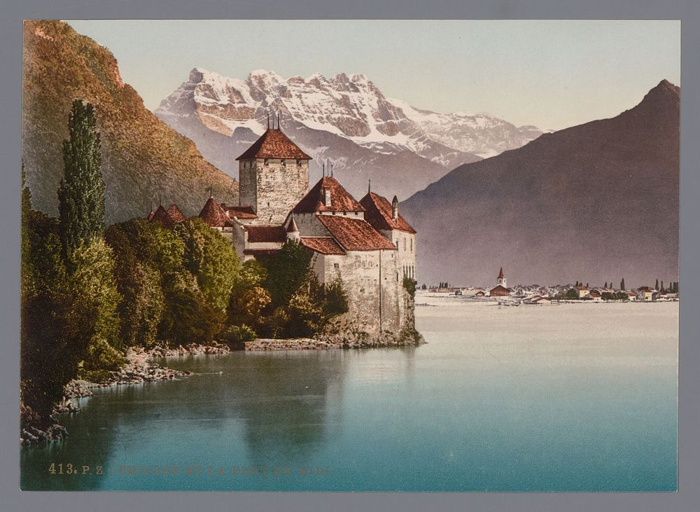 Gezicht op het Kasteel van Chillon aan het Meer van Genève, in de verte de Dents du Midi (1889 - c. 1920) by anonymous…