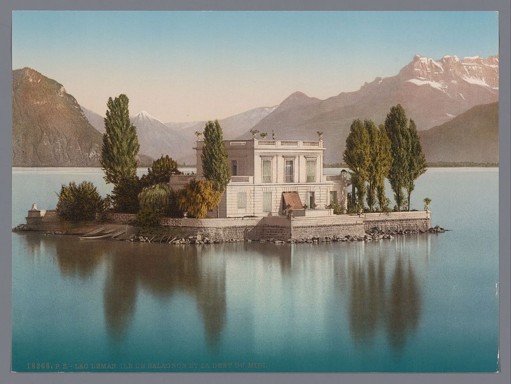 Gezicht op Île de Salagnon in het Meer van Genève, op de achtergrond de Dents du Midi (1889 - c. 1920) by anonymous…