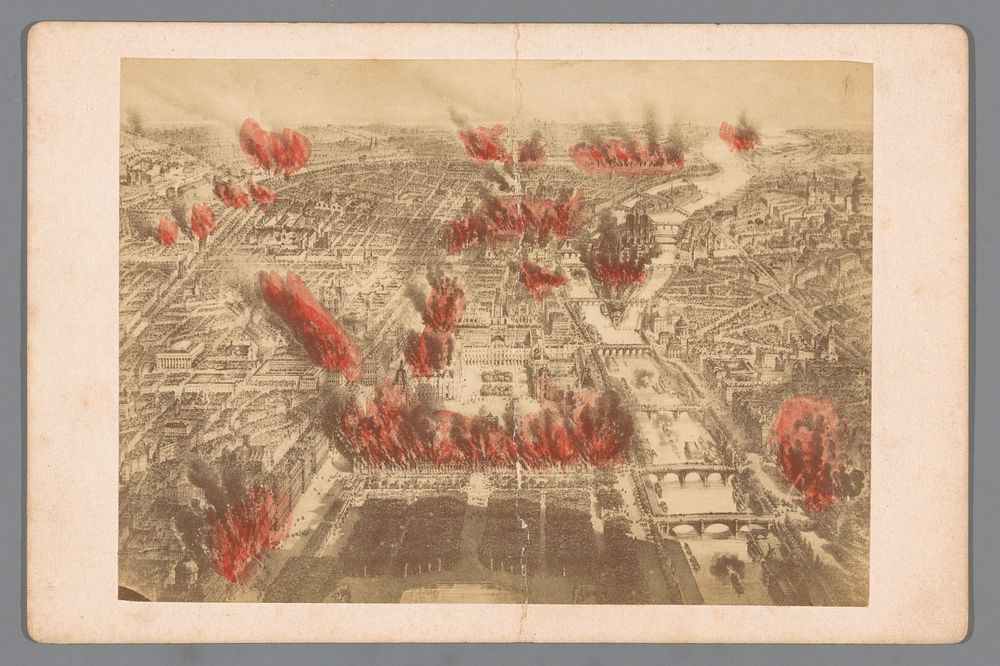 Fotoreproductie van een prent van de branden tijdens de Bloedige week van de Commune van Parijs in 1871 (1871 - 1895) by…