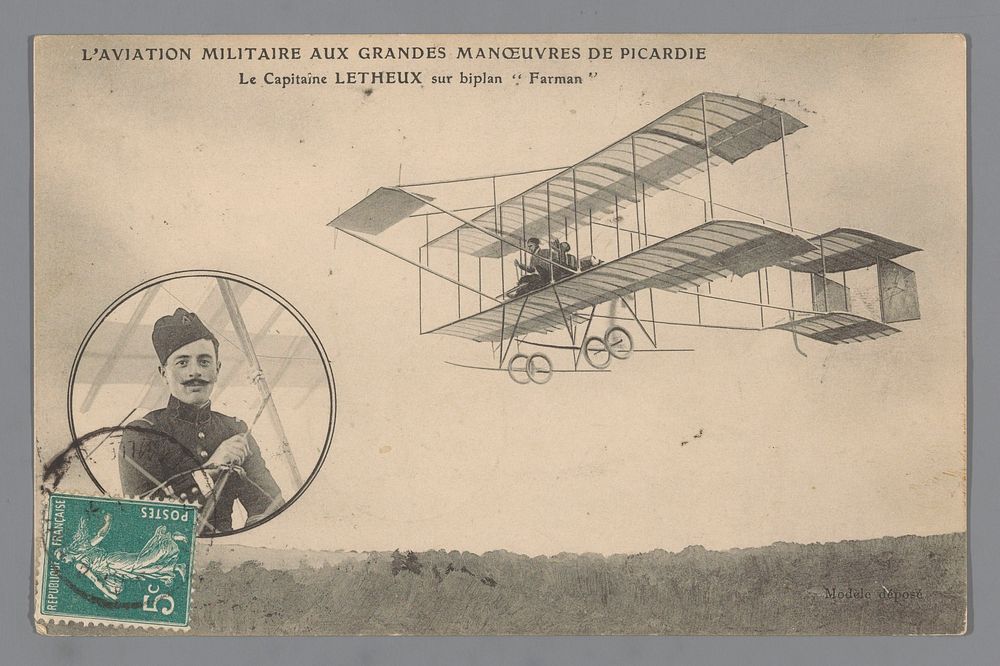Fotoreproductie van een tekening, voorstellende een vliegtuig van Farman met een portret van luitenant Letheux (c. 1908 -…
