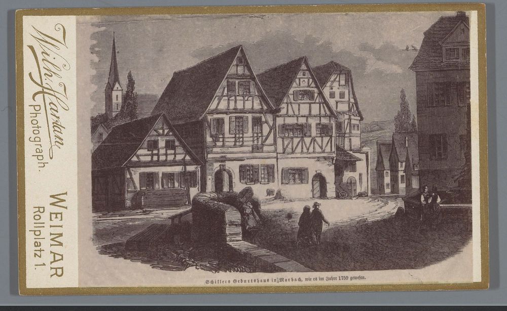 Fotoreproductie van een gravure van Schillers geboortehuis in Marbach (1879 - 1949) by Wilhelm Hartan and anonymous