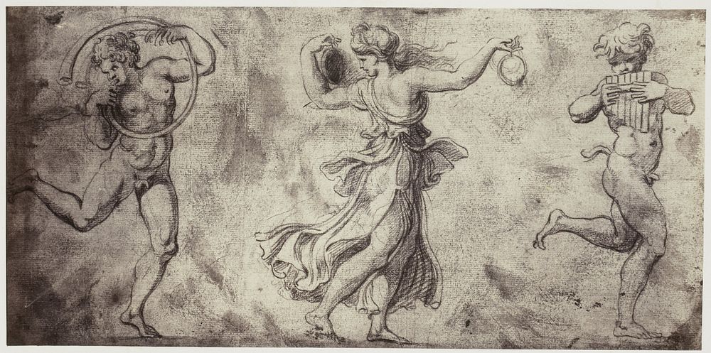 Fotoreproductie van een tekening van Rafaël, dansende en musicerende bacchanten (c. 1852 - in or before 1857) by Charles…