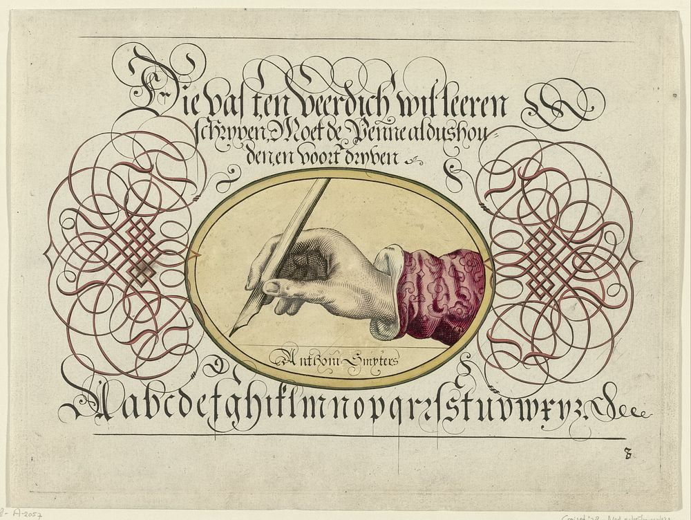 Schrijfvoorbeeld met schrijvende hand (after c. 1561 - before 1625) by Antonius Smyters and Gerrit Gauw