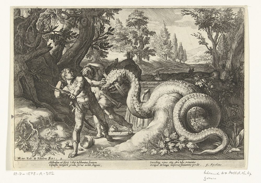 Metgezellen van Cadmus door een draak verslonden (1591 - 1659) by Robert de Baudous, Hendrick Goltzius, G Rijckius and…