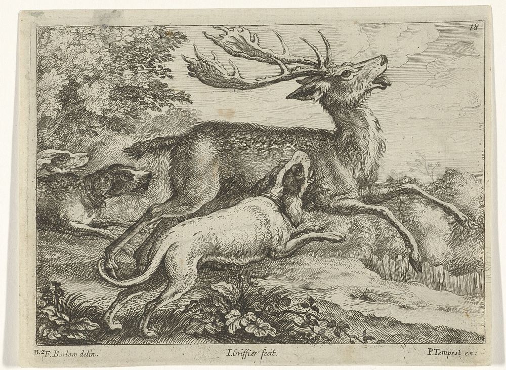 Jacht op een hert (1655 - 1718) by Jan Griffier I, Francis Barlow and Pierce Tempest
