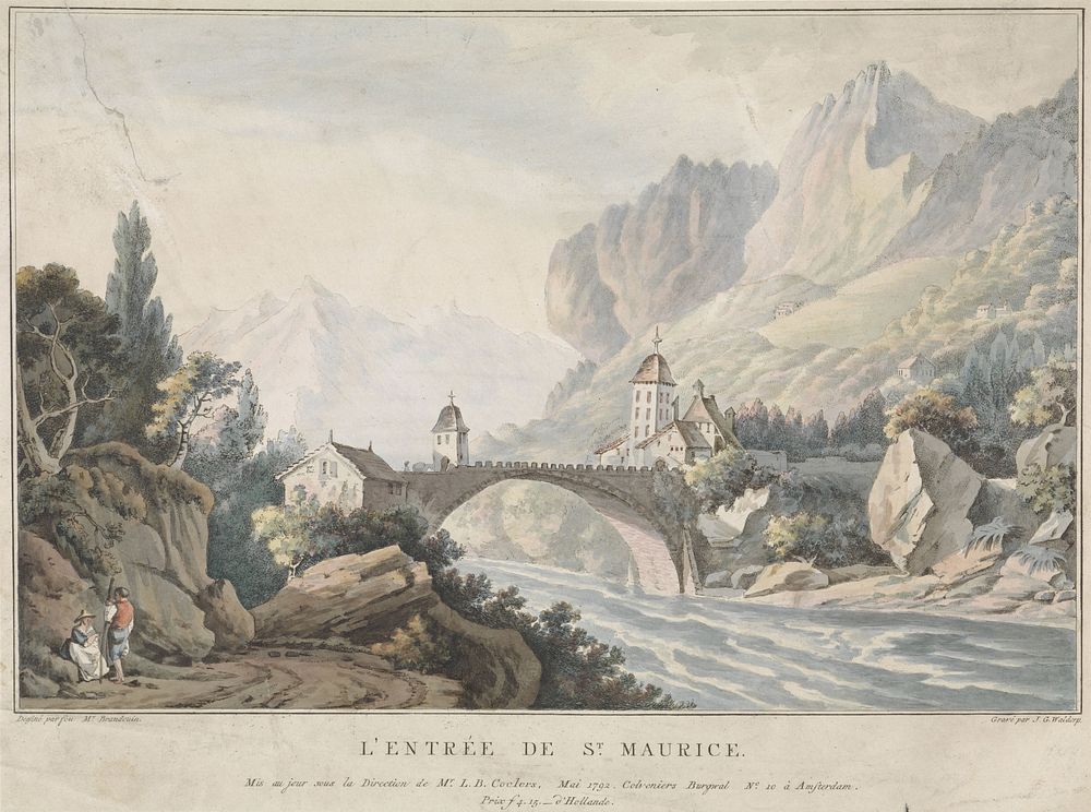 Gezicht op de brug bij Saint Maurice te Zwitserland (1792) by Jan Gerard Waldorp, Michel Vincent Brandoin and Louis Bernard…