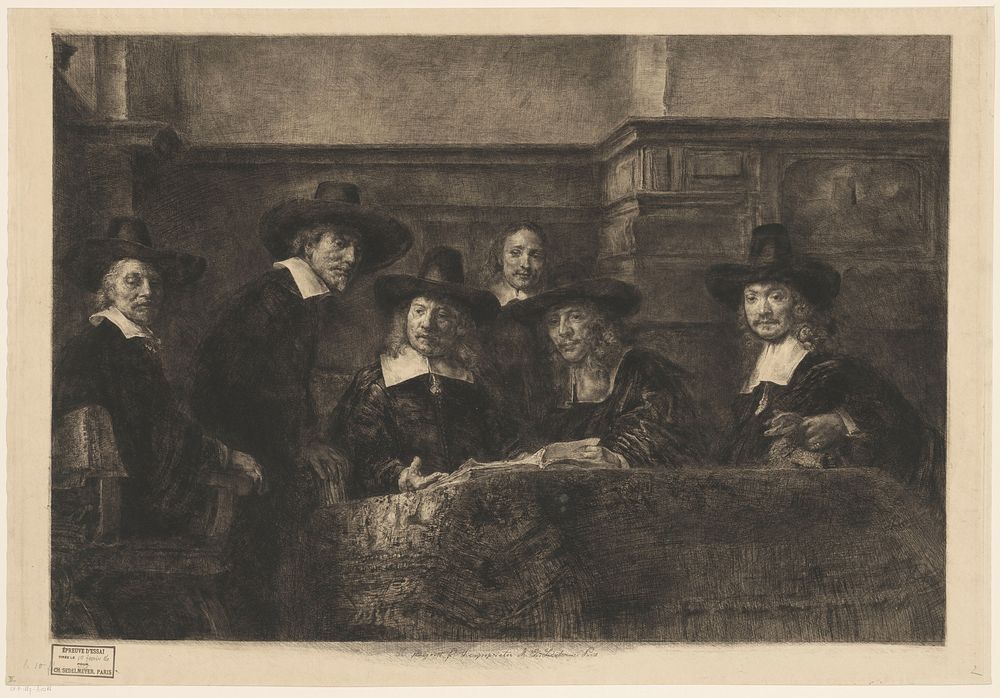 De waardijns van het Amsterdamse lakenbereidersgilde, bekend als ‘De Staalmeesters’ (1886) by Karl Köpping, Rembrandt van…