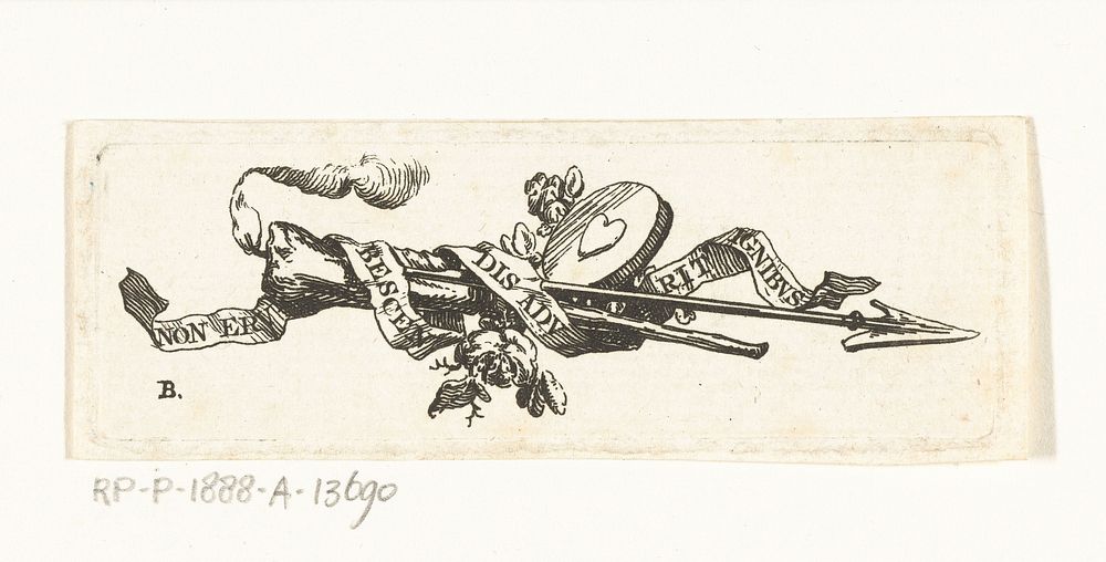 Vignet met brandende fakkel, pijl, hart en band met opschrift non erubecsendis adurit ignitus (1766 - 1831) by Willem…