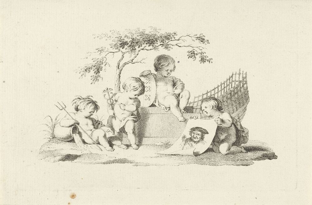 Vier putti met een portret van Adam Silo (1725 - 1779) by Jacob van der Schley