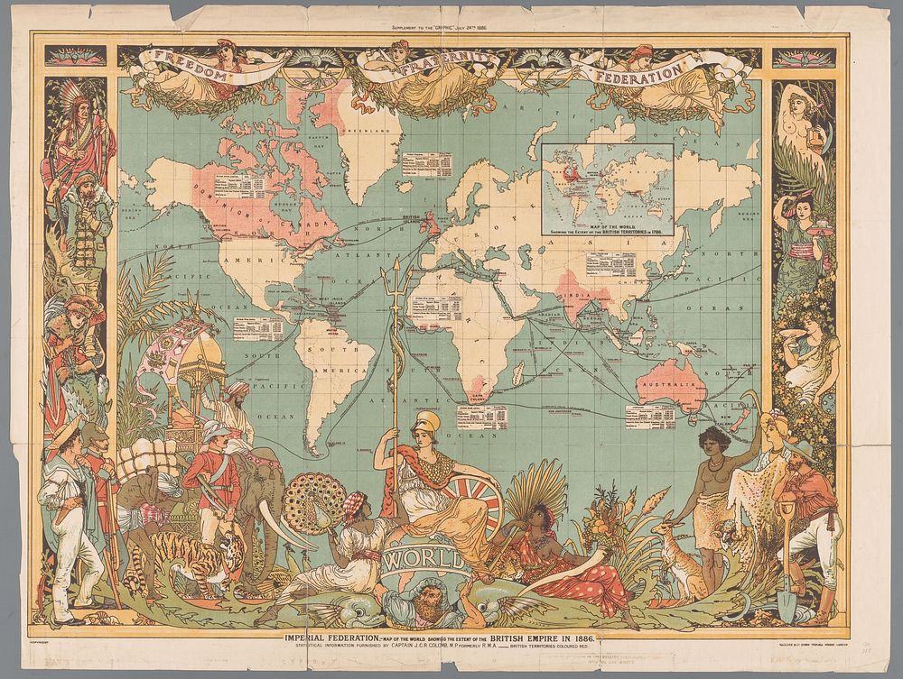 Wereldkaart met het koloniale Britse Rijk, 1886 (1886) by Walter Crane, Walter Crane, John Charles Ready Colomb and Maclure…
