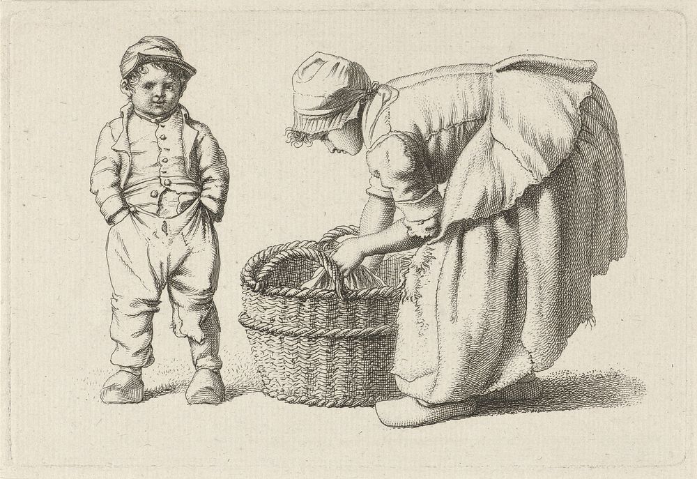 Bukkend meisje bij een mand en een kind (1813) by Jacob Ernst Marcus