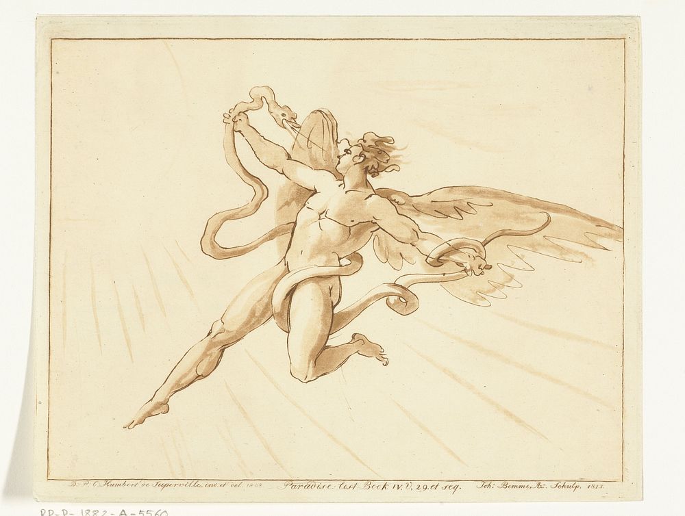 Een vliegende engel in gevecht met de duivel in de gedaante van een slang (1813) by Joannes Bemme and David Pièrre Giottino…