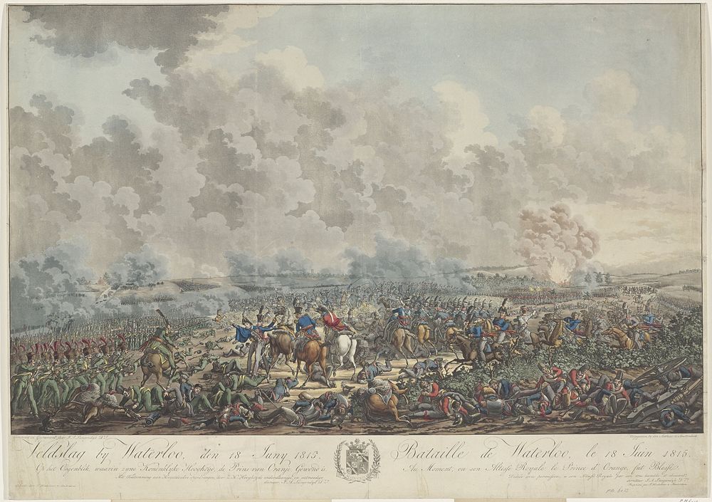 Veldslag bij Waterloo, den 18 Juny 1815. Op het Oogenblik, waarin zyne Koninklyke Hoogheyd. de Prins van Oranje, Gewond is /…