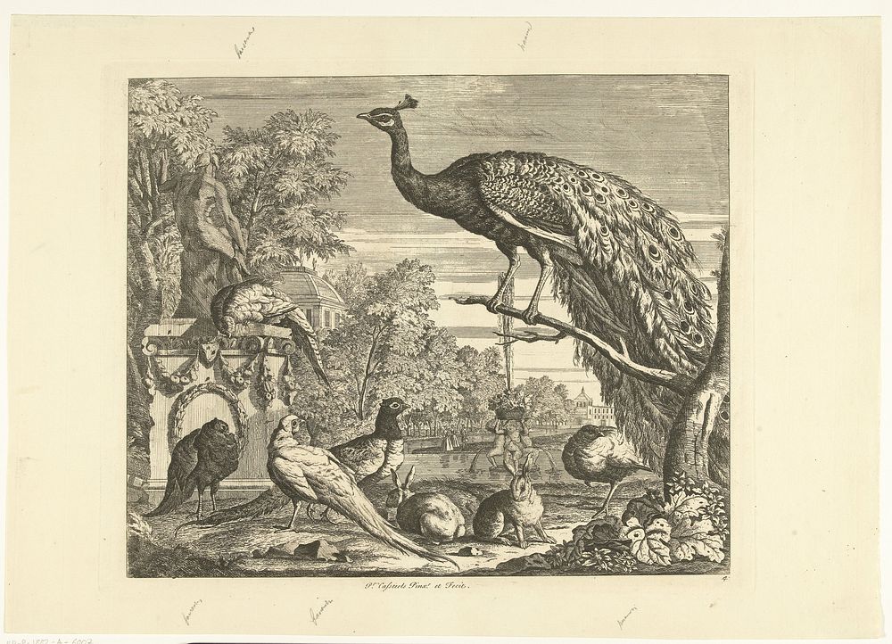 Pauw, konijnen en andere vogels bij een tuinfontein (1708 - 1749) by Peter Casteels III, Peter Casteels III and John Bowles…