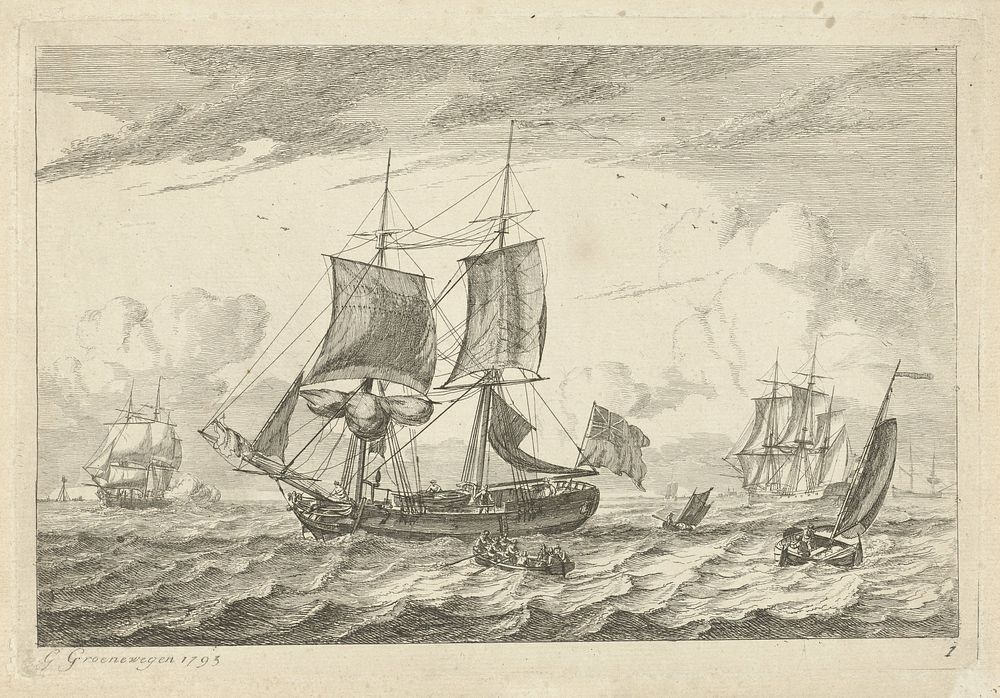 Zeilschepen op woelig water (1793) by Gerrit Groenewegen