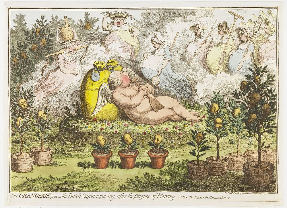 De Orangerie: De Hollandse Cupido, uitrustend van de vermoeienissen van het planten, 1796 (1796) by James Gillray, James…