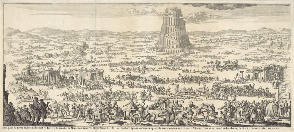 Babylonische spraakverwarring (1690) by Jan Luyken and Willem Goeree