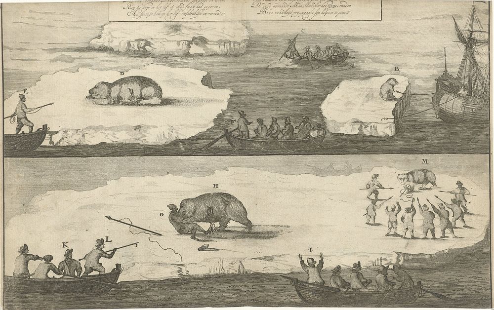 Jacht op een ijsbeer / ijsbeer valt man aan (1684) by Jan Luyken