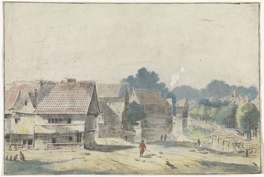 Gezicht in een dorp met huizen met vakwerk (1742 - 1784) by Hendrik Spilman and Josua de Grave