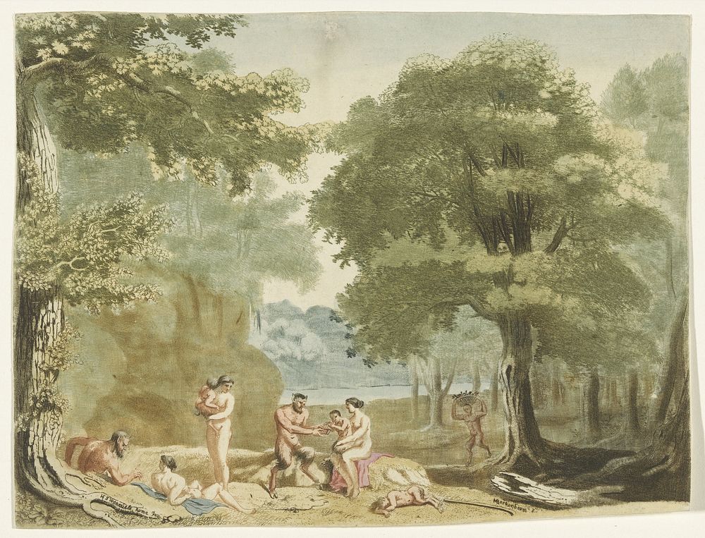 Nimfen en saters in een landschap. (c. 1650 - c. 1715) by Martinus Berkenboom and Herman van Swanevelt