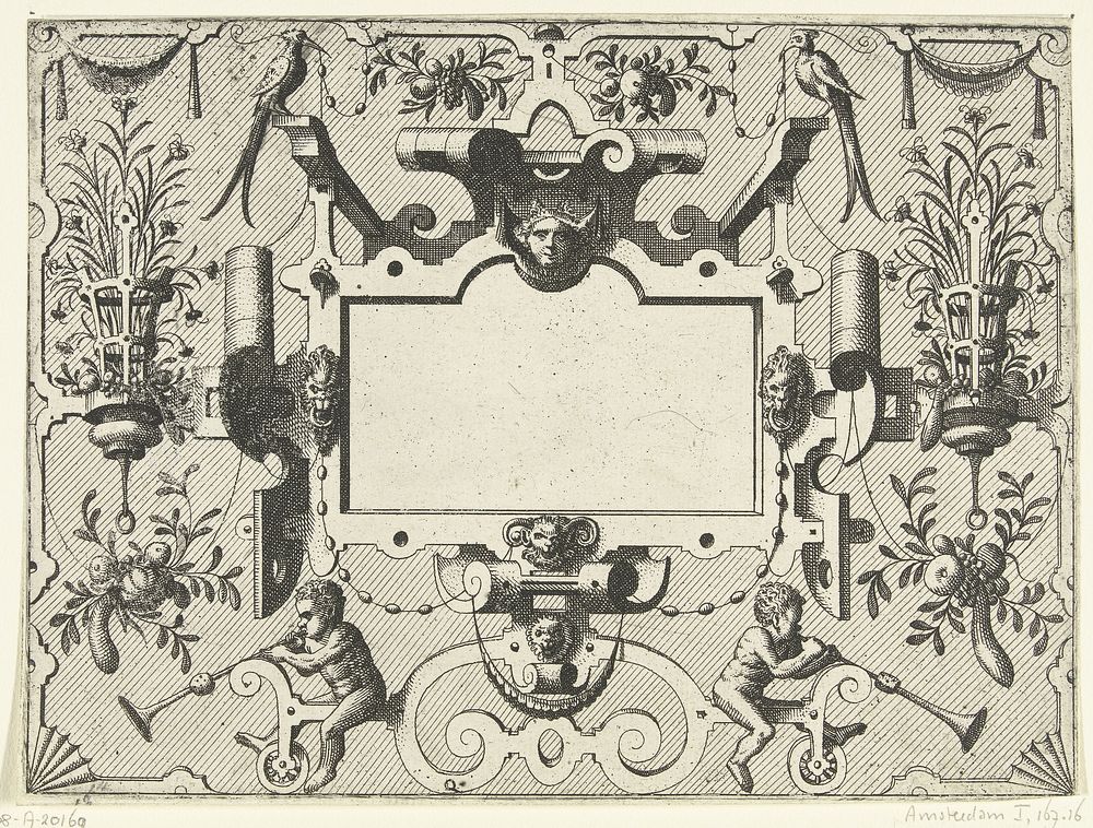 Cartouche omgeven door grotesken, met links en rechts een korf met bloemen (c. 1555 - c. 1560) by Johannes of Lucas van…