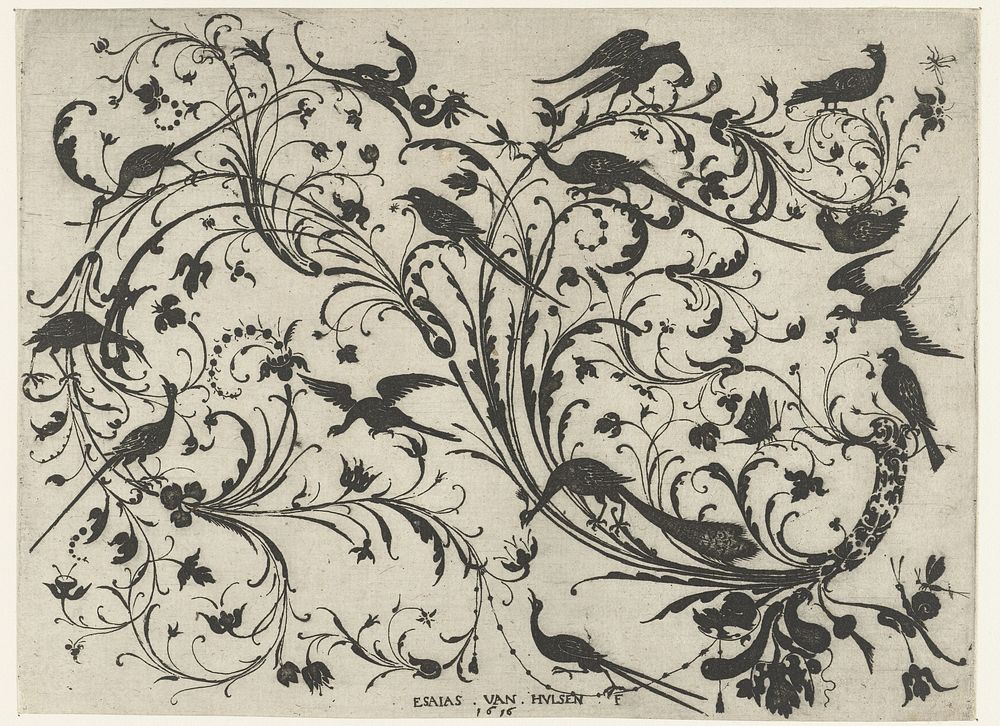 Bladranken met bloemen en vogels (1616) by anonymous, Esaias van Hulsen and anonymous