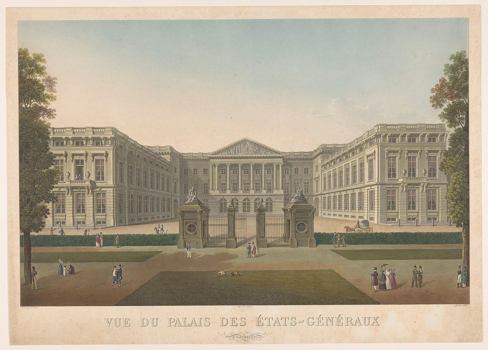Het paleis der Staten-Generaal te Brussel in 1815. Onder den l.o: Dessiné par C. janssens. Onder den r.o: Gravé par Gibele.…