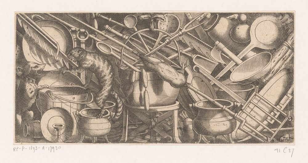 Keukenstuk met vechtende kat en hond (1500 - 1599) by anonymous