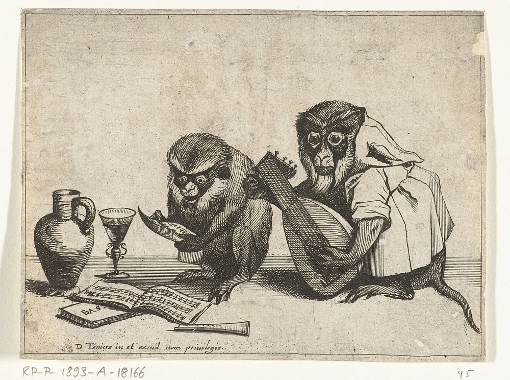 Twee apen maken muziek (1635 - 1690) by Quirin Boel, David Teniers II and David Teniers II