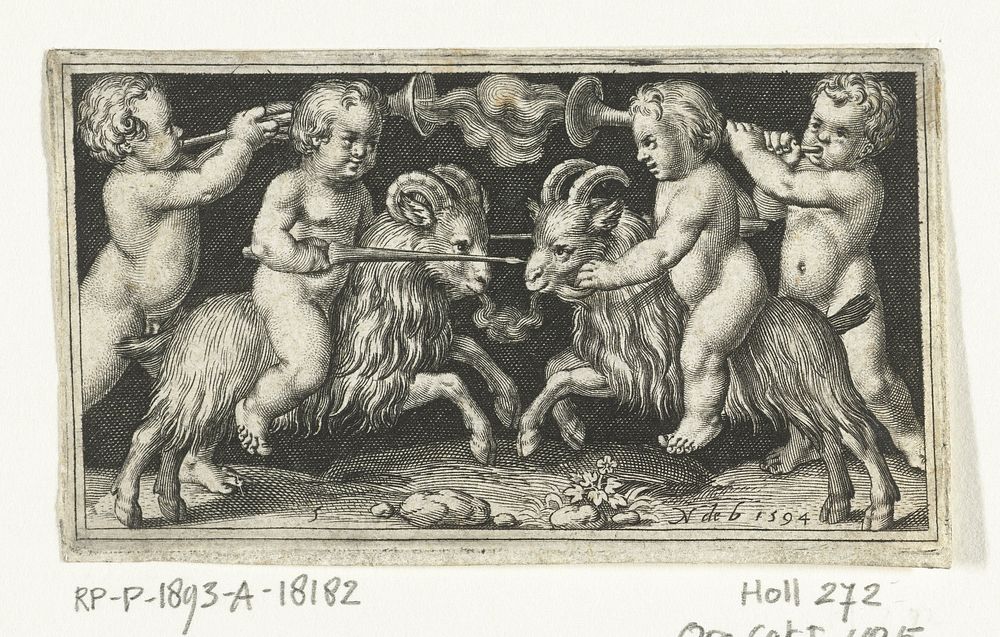 Twee liggende engeltjes leunen op schedel (1594) by Nicolaes de Bruyn, Nicolaes de Bruyn and Assuerus van Londerseel