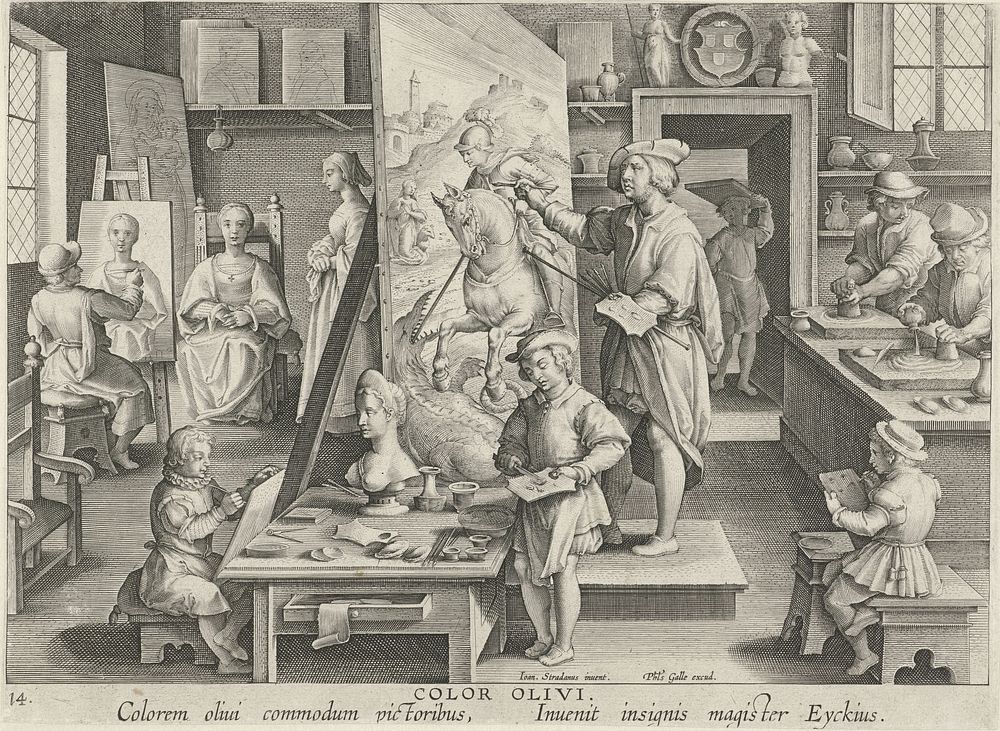 Schilderen met olieverf (c. 1593 - c. 1598) by Philips Galle, Jan van der Straet and Philips Galle
