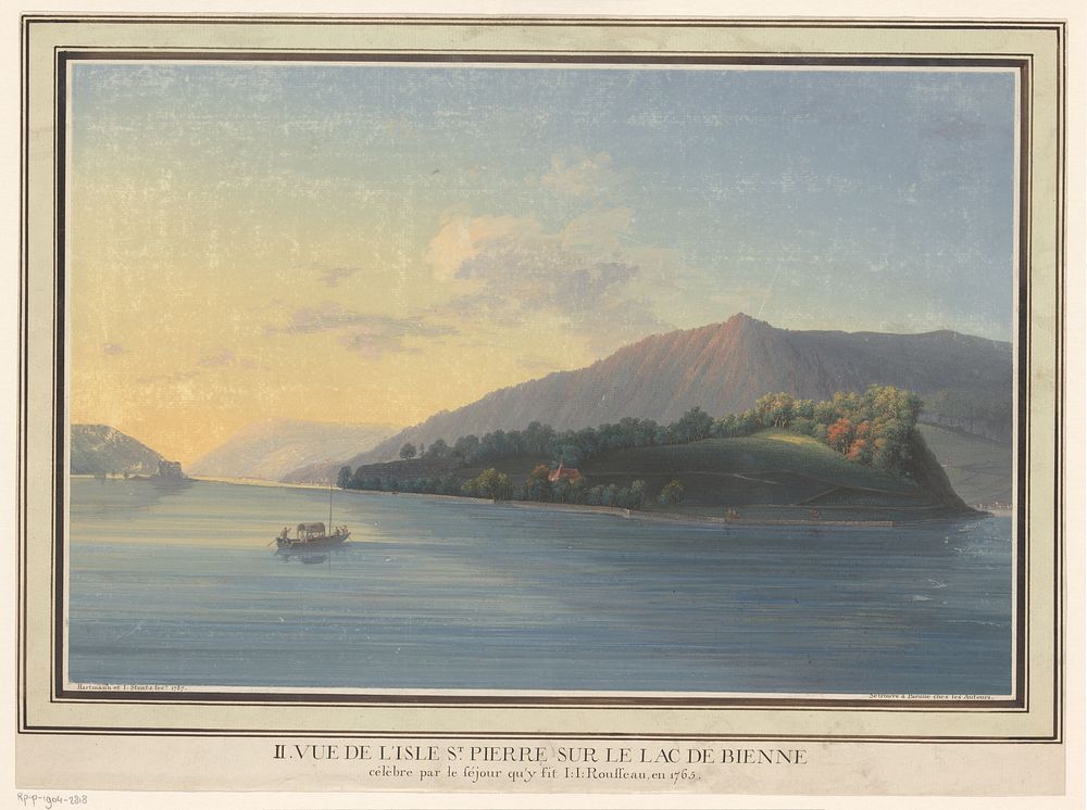 Gezicht op het eiland St. Peter aan het meer van Biel (1787) by Johann Joseph Hartmann, Johann Baptist Stuntz and Johann…