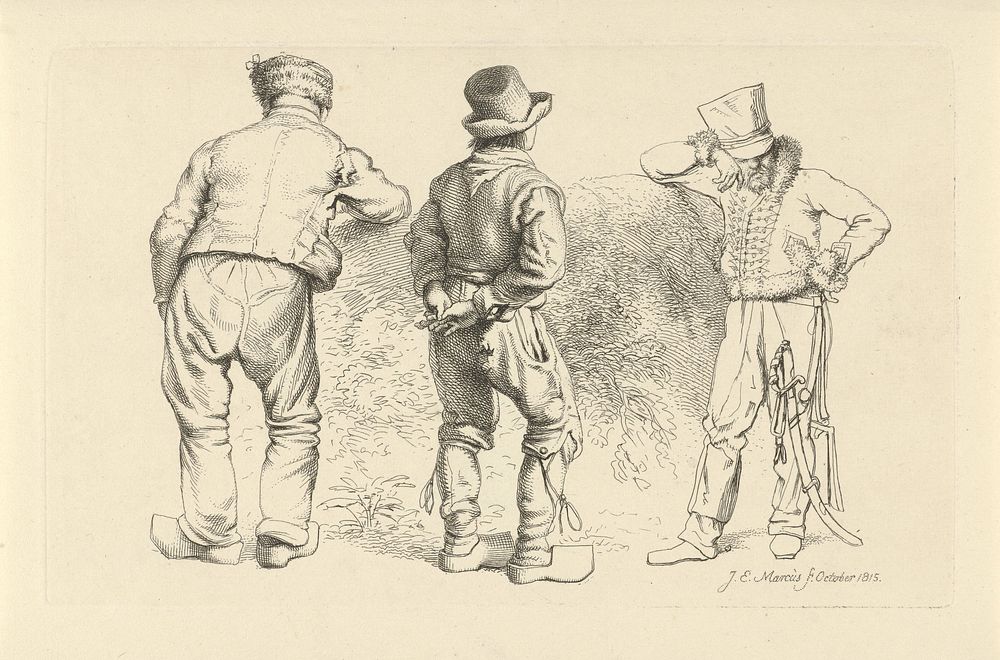 Studieblad met drie staande figuren (1815) by Jacob Ernst Marcus