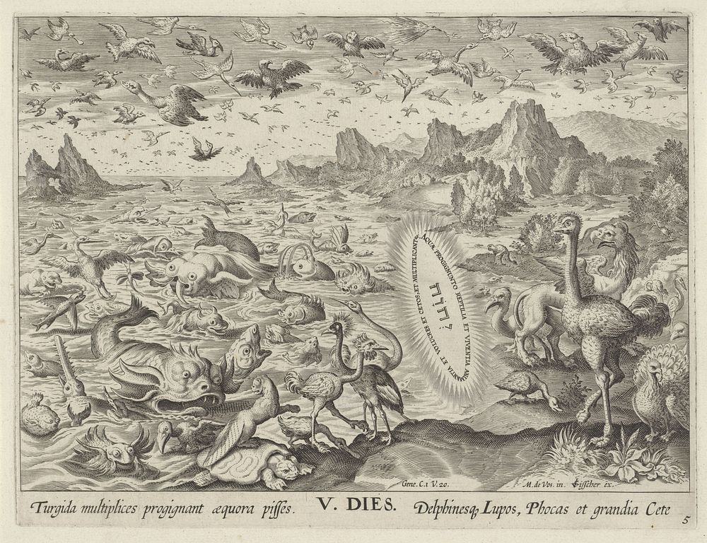Schepping van de vogels en de zeedieren (1639) by Johann Sadeler I, anonymous, Maerten de Vos and Claes Jansz Visscher II