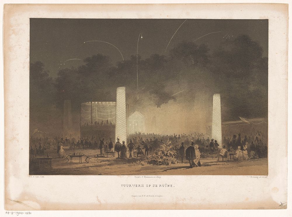 Vuurwerk op de grote ruïne in Leiden (1855) by Carel Christiaan Antony Last, Tieleman Cato Bruining, P Blommers…